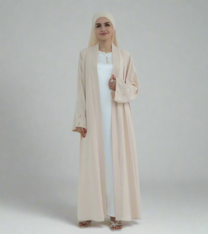 Get trendy with Muna Open Abaya Kimono - Sand - Cardigan available at Voilee NY. Grab yours for $49.90 today!