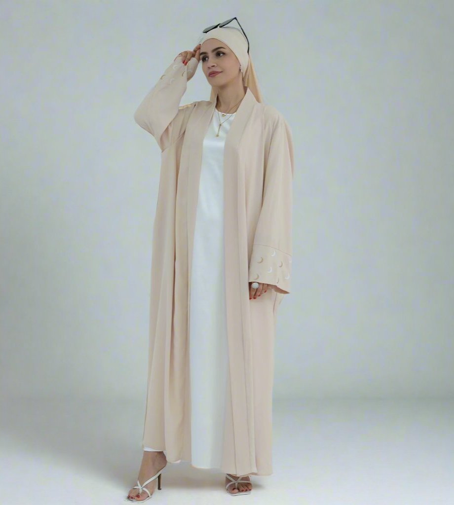 Get trendy with Muna Open Abaya Kimono - Sand - Cardigan available at Voilee NY. Grab yours for $49.90 today!