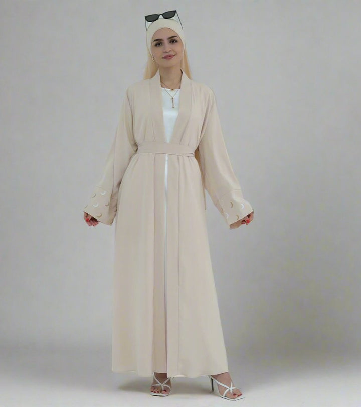 Get trendy with Muna Open Abaya Kimono - Sand - Cardigan available at Voilee NY. Grab yours for $49.90 today!