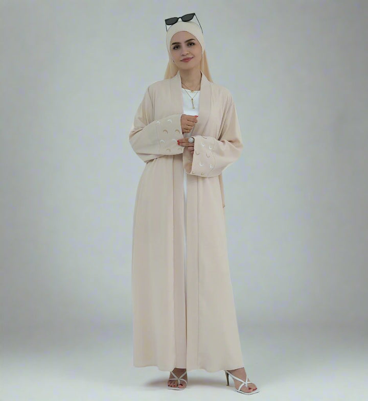 Get trendy with Muna Open Abaya Kimono - Sand - Cardigan available at Voilee NY. Grab yours for $49.90 today!