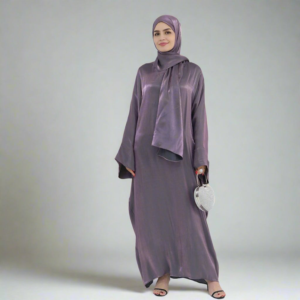 Get trendy with Nessa Shimmer Abaya with Hijab - Eggplant - Dresses available at Voilee NY. Grab yours for $54.90 today!