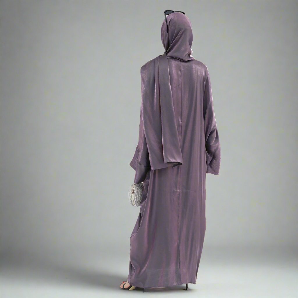 Get trendy with Nessa Shimmer Abaya with Hijab - Eggplant - Dresses available at Voilee NY. Grab yours for $54.90 today!