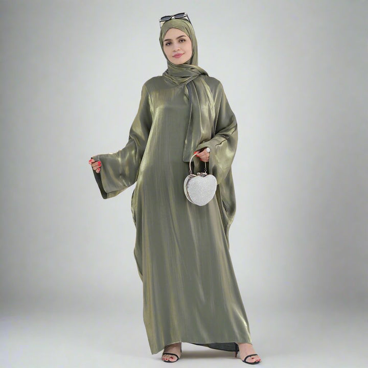 Get trendy with Nessa Shimmer Abaya with Hijab - Olive - Dresses available at Voilee NY. Grab yours for $54.90 today!