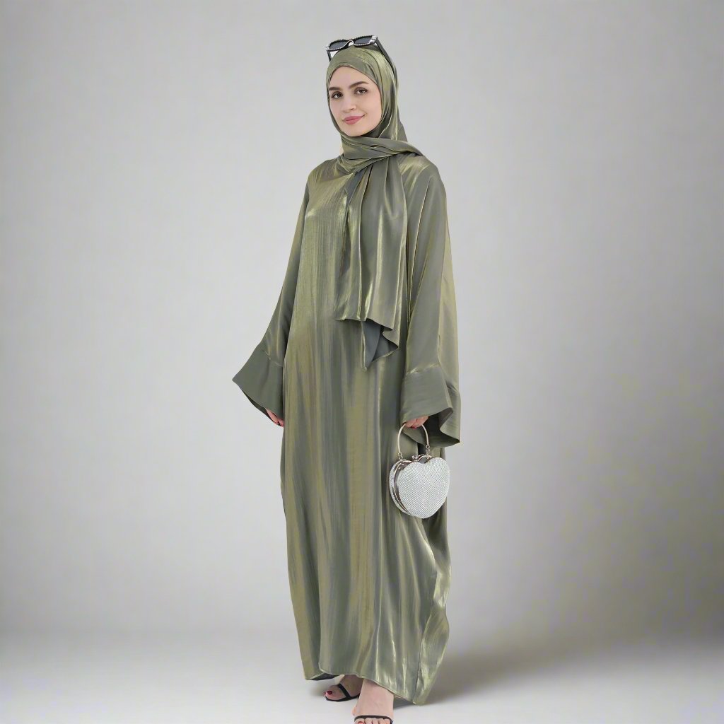 Get trendy with Nessa Shimmer Abaya with Hijab - Olive - Dresses available at Voilee NY. Grab yours for $54.90 today!