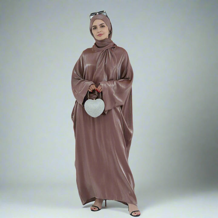 Get trendy with Nessa Shimmer Abaya with Hijab - Mocha - Dresses available at Voilee NY. Grab yours for $54.90 today!