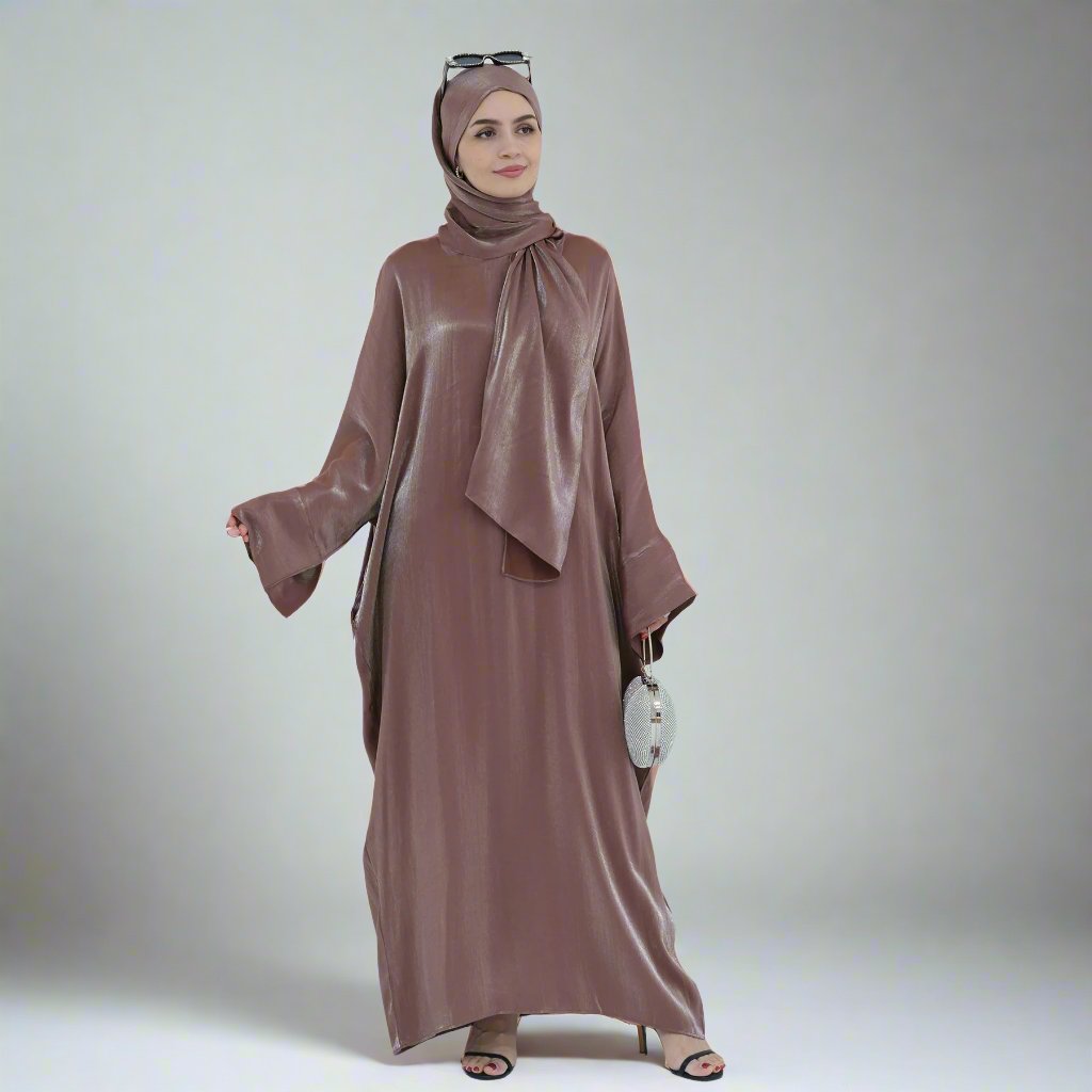 Get trendy with Nessa Shimmer Abaya with Hijab - Mocha - Dresses available at Voilee NY. Grab yours for $54.90 today!