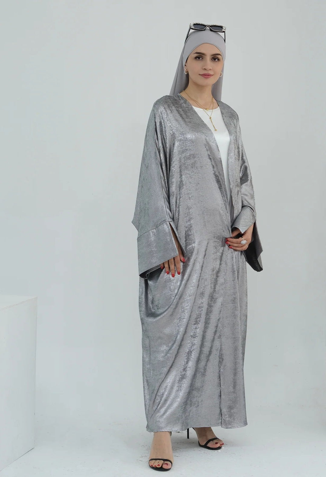 Celine Shimmer Kimono Open Abaya - Silver