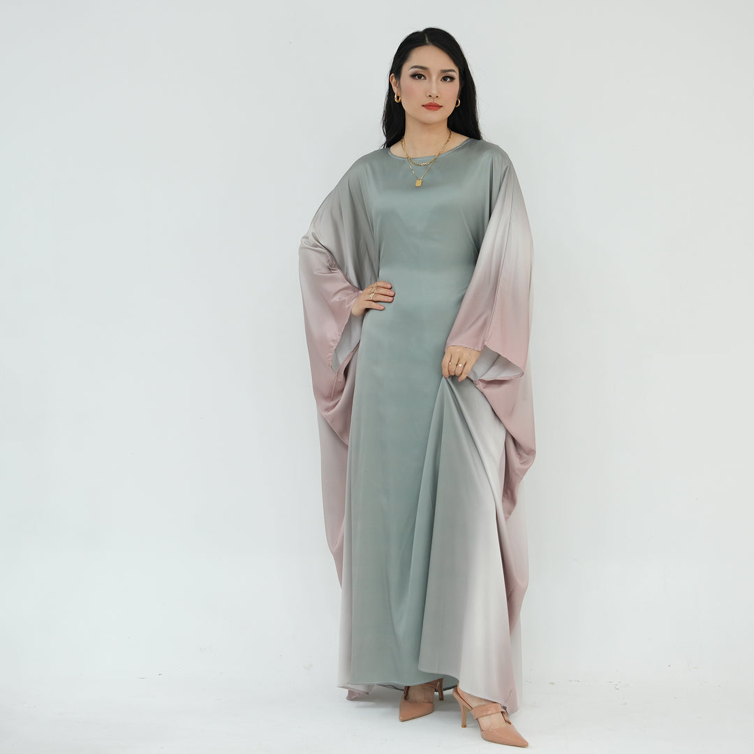 Get trendy with Raya Ombre Butterfly Abaya - Sage - Dresses available at Voilee NY. Grab yours for $64.99 today!