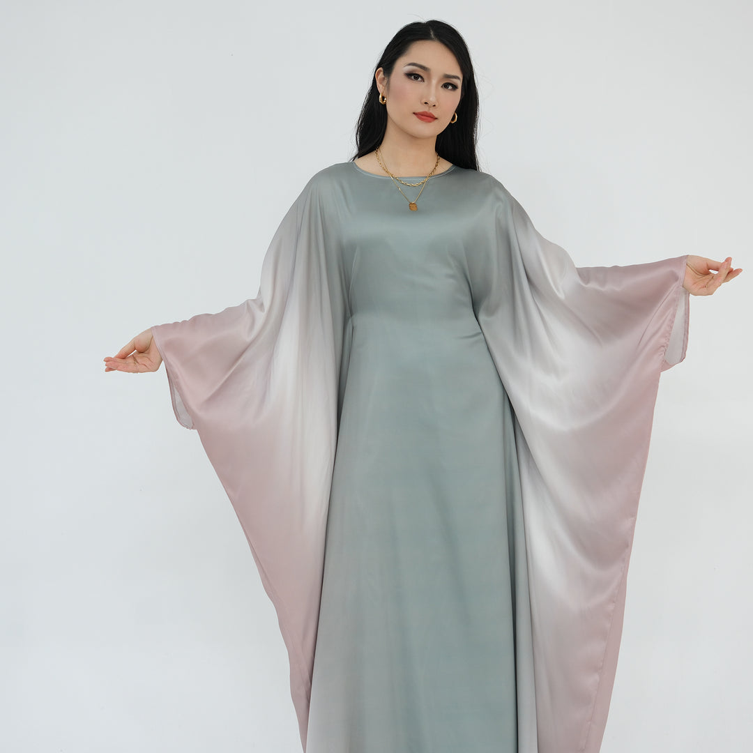 Get trendy with Raya Ombre Butterfly Abaya - Sage - Dresses available at Voilee NY. Grab yours for $64.99 today!