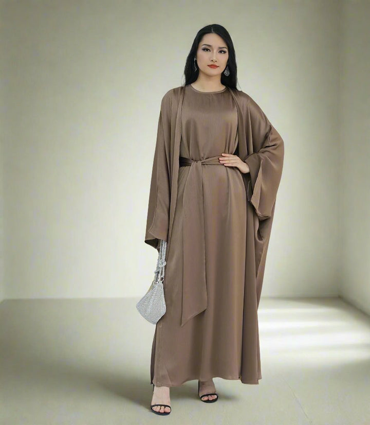 Get trendy with Reina Textured Batwing Abaya Set - Taupe -  available at Voilee NY. Grab yours for $109.90 today!