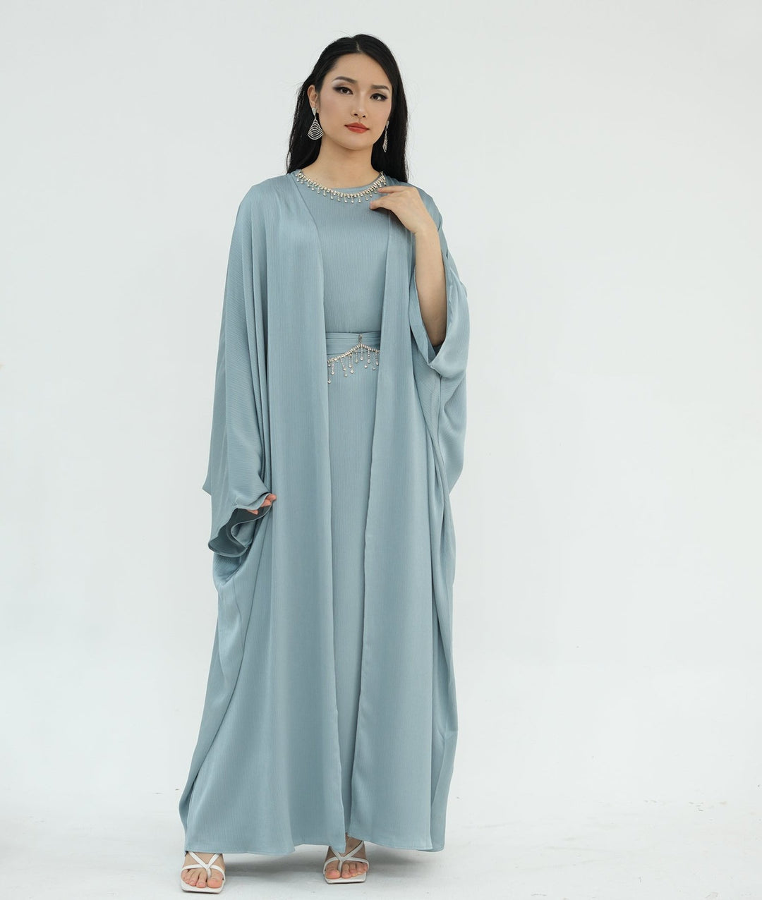 Reina Textured Batwing Abaya Set - Blue