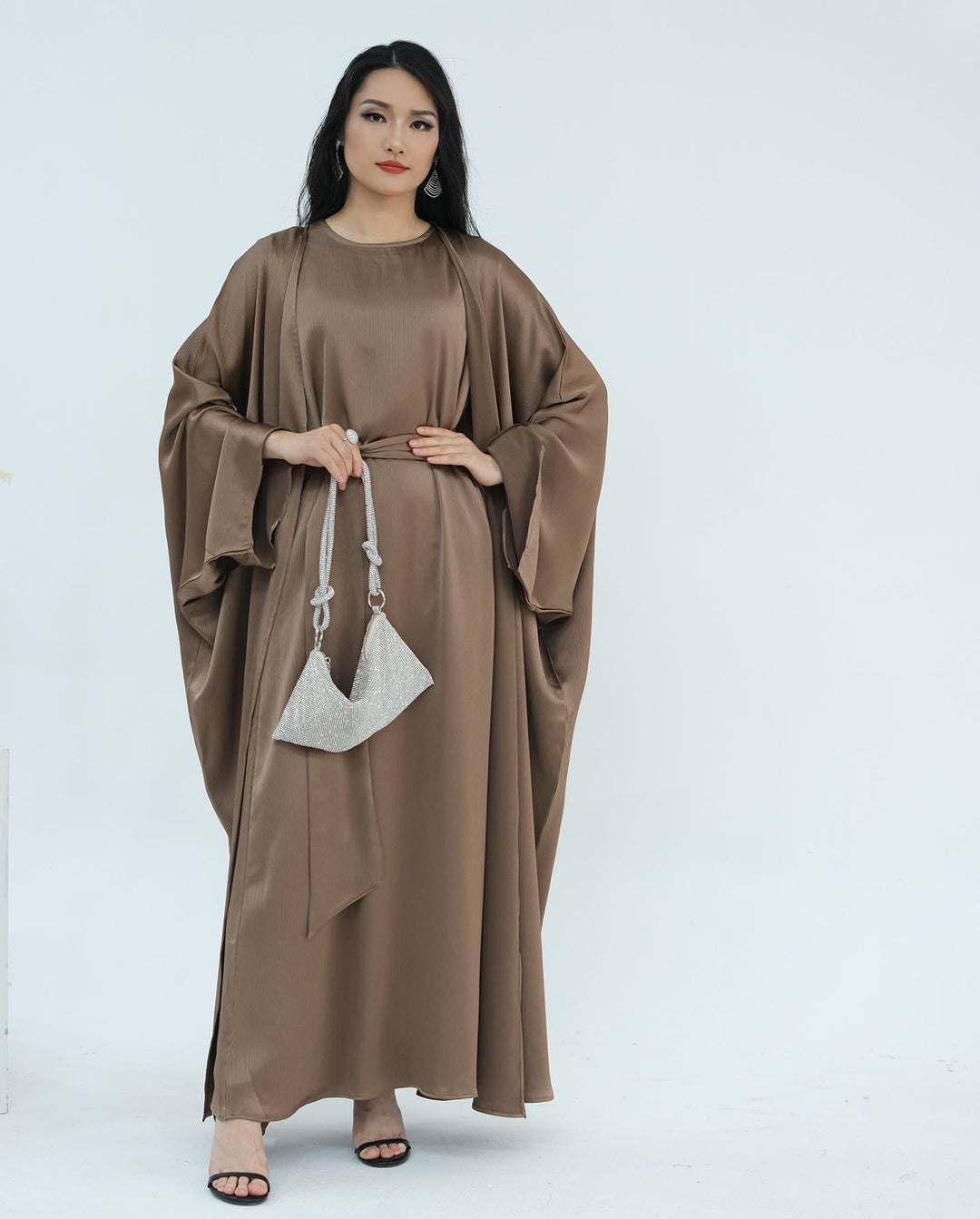 Get trendy with Reina Textured Batwing Abaya Set - Taupe -  available at Voilee NY. Grab yours for $109.90 today!