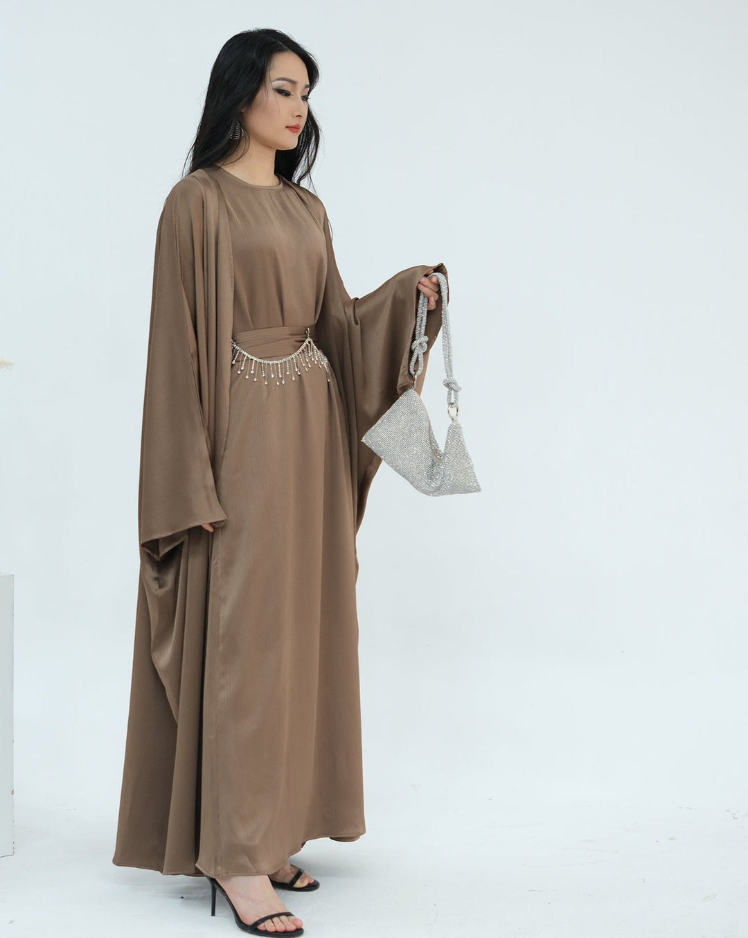 Get trendy with Reina Textured Batwing Abaya Set - Taupe -  available at Voilee NY. Grab yours for $109.90 today!