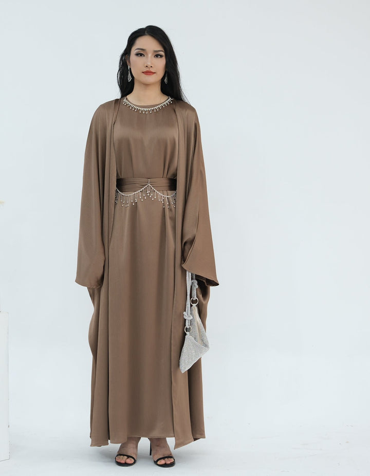 Get trendy with Reina Textured Batwing Abaya Set - Taupe -  available at Voilee NY. Grab yours for $109.90 today!