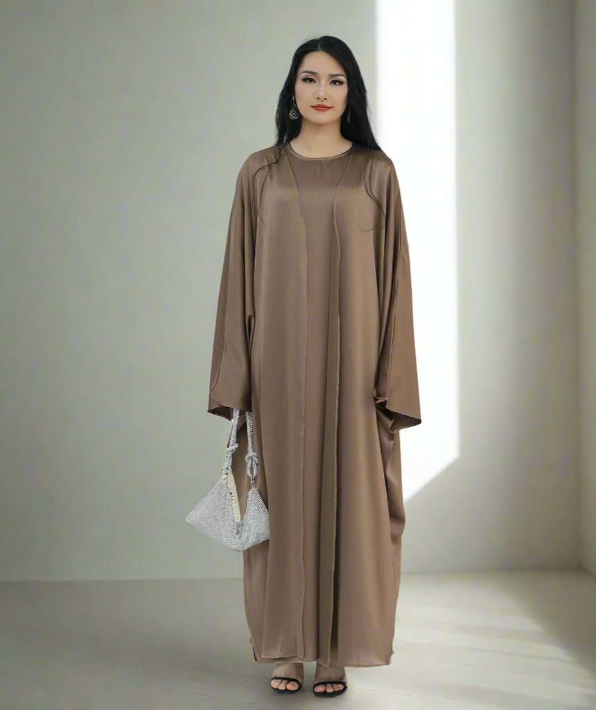 Get trendy with Reina Textured Batwing Abaya Set - Taupe -  available at Voilee NY. Grab yours for $109.90 today!