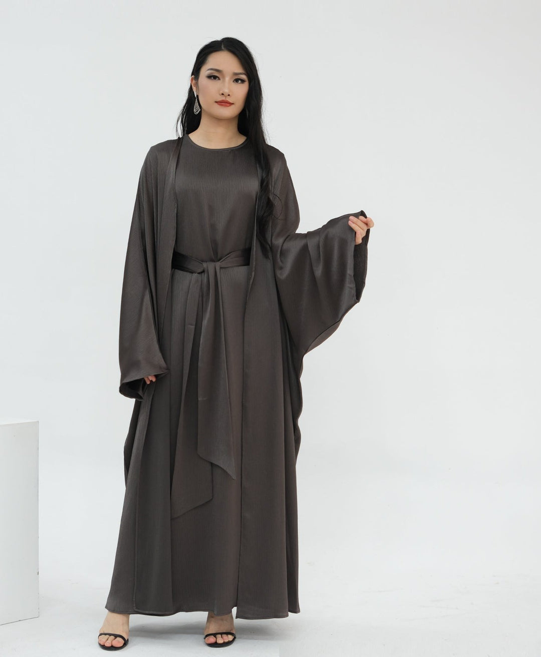 Get trendy with Reina Textured Batwing Abaya Set - Pewter -  available at Voilee NY. Grab yours for $109.90 today!