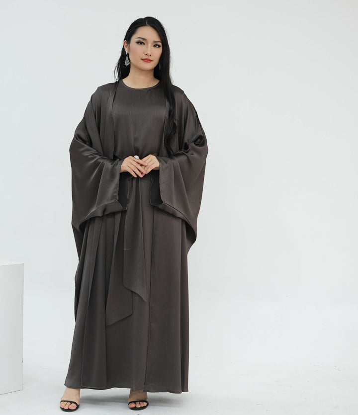 Get trendy with Reina Textured Batwing Abaya Set - Pewter -  available at Voilee NY. Grab yours for $109.90 today!