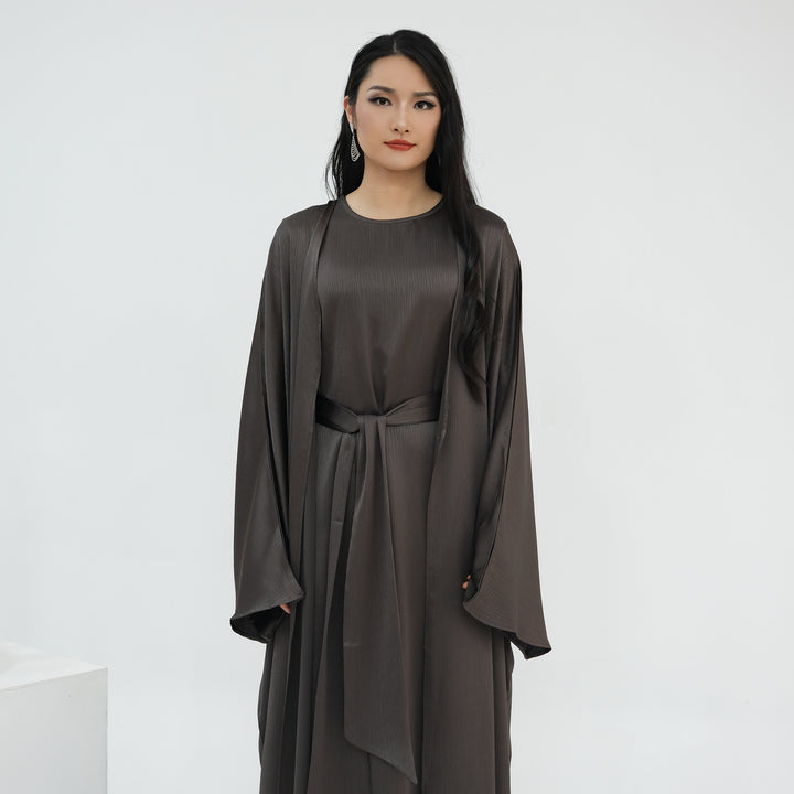 Get trendy with Reina Textured Batwing Abaya Set - Pewter -  available at Voilee NY. Grab yours for $109.90 today!