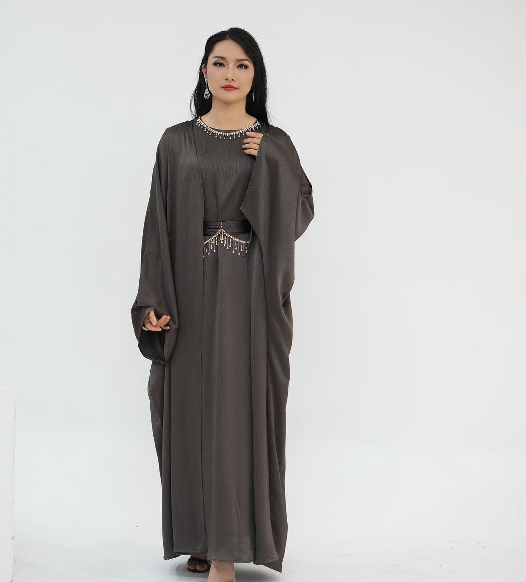 Get trendy with Reina Textured Batwing Abaya Set - Pewter -  available at Voilee NY. Grab yours for $109.90 today!