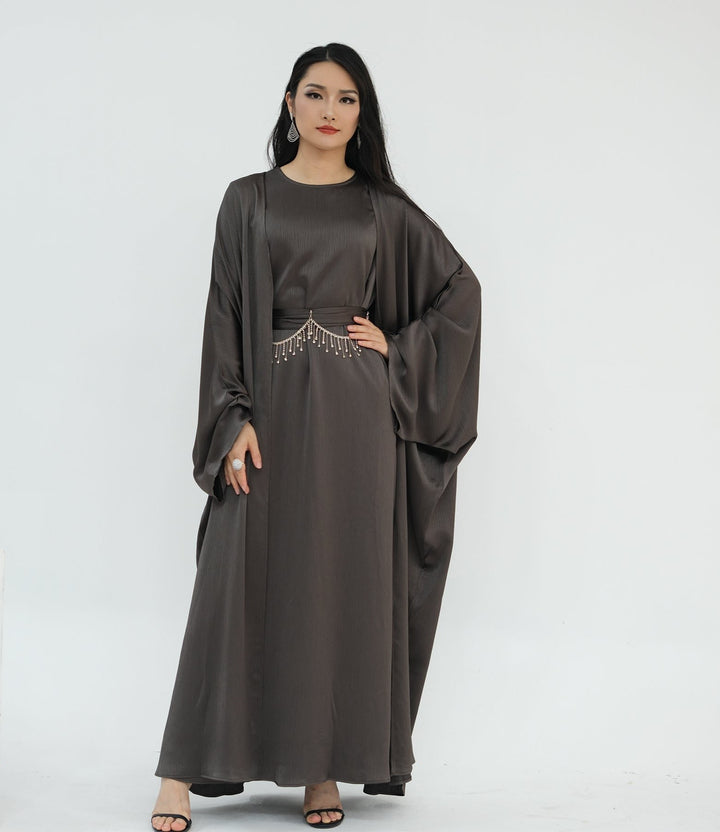 Get trendy with Reina Textured Batwing Abaya Set - Pewter -  available at Voilee NY. Grab yours for $109.90 today!