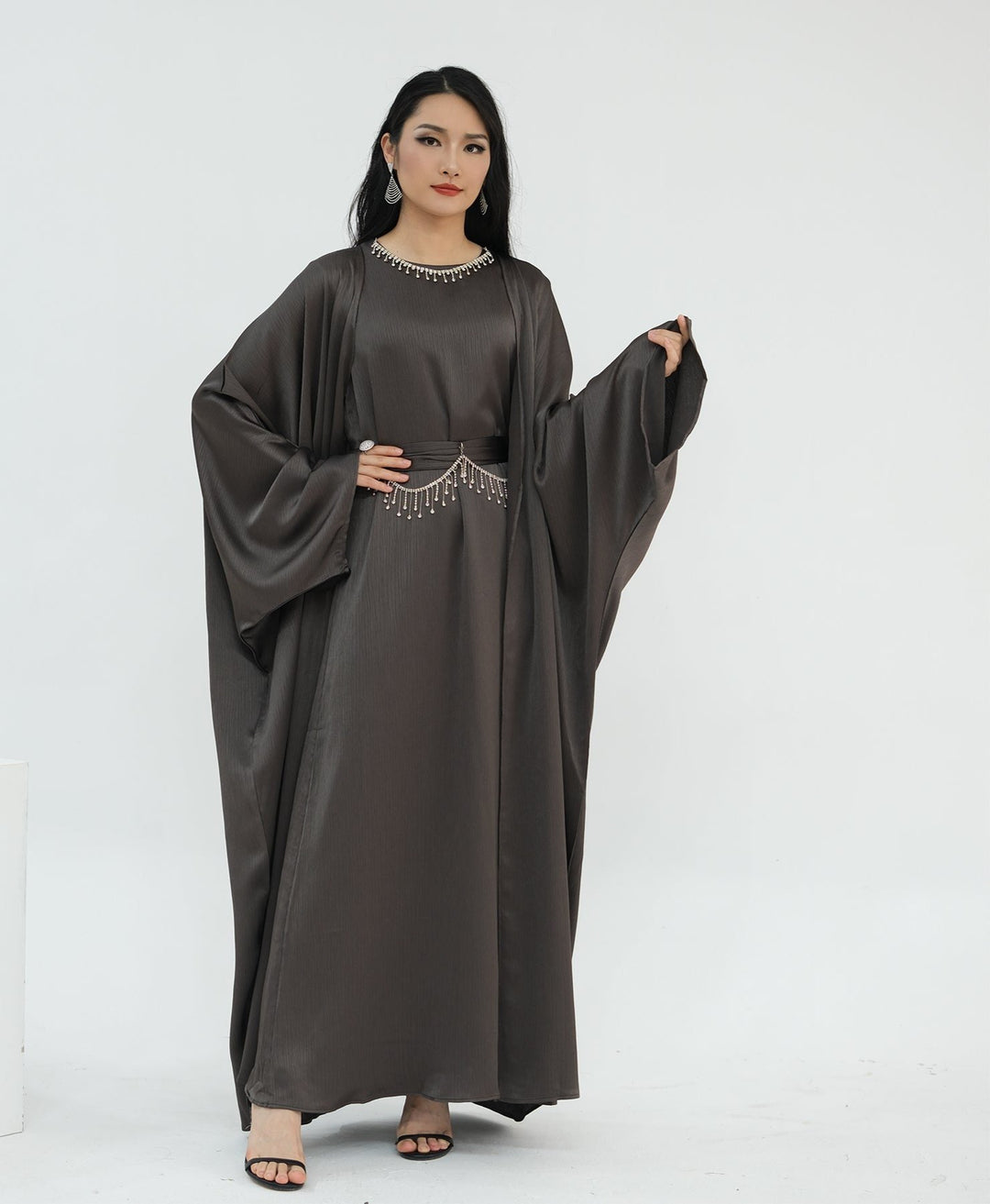 Get trendy with Reina Textured Batwing Abaya Set - Pewter -  available at Voilee NY. Grab yours for $109.90 today!