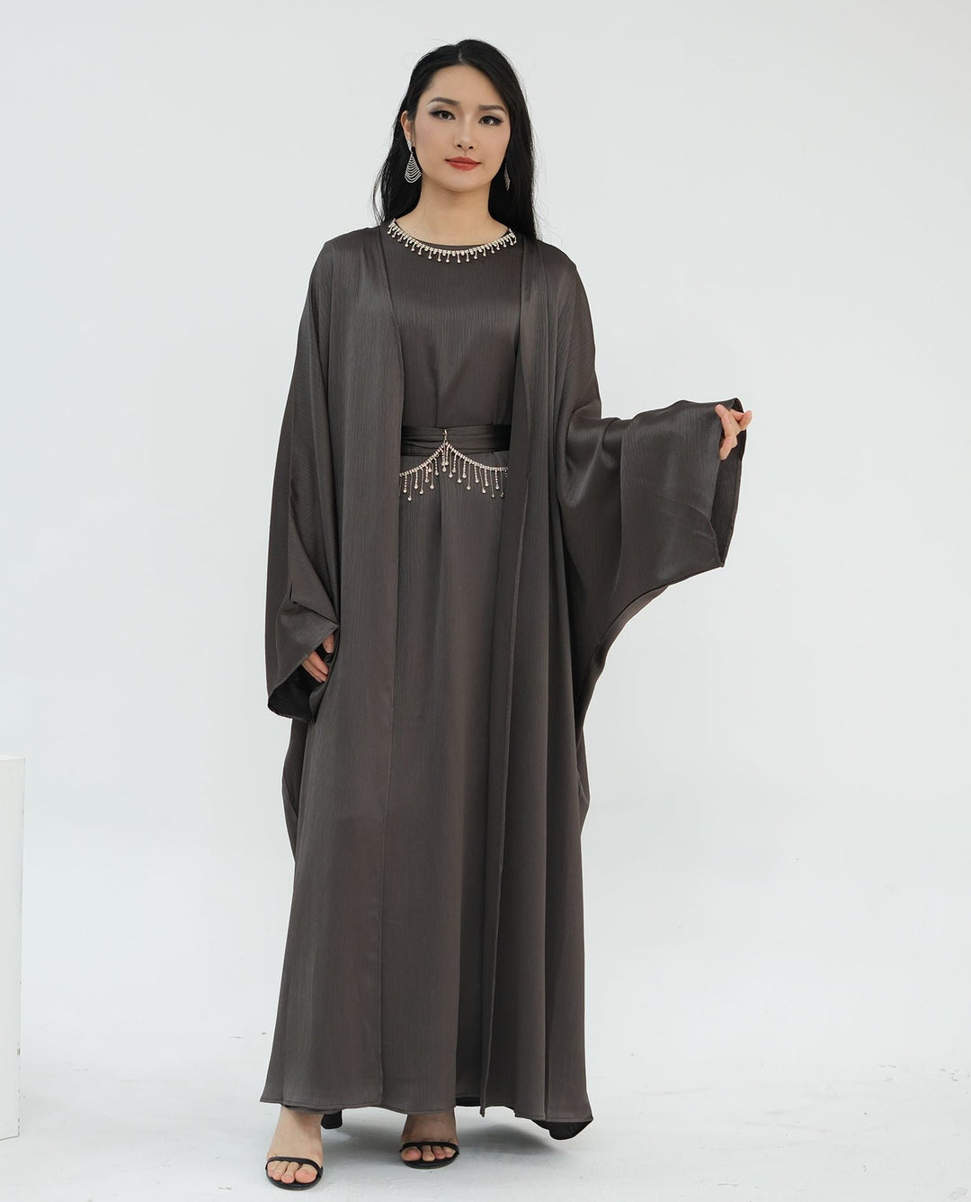 Get trendy with Reina Textured Batwing Abaya Set - Pewter -  available at Voilee NY. Grab yours for $109.90 today!