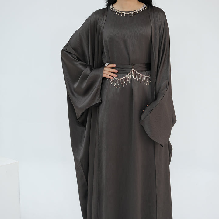 Get trendy with Reina Textured Batwing Abaya Set - Pewter -  available at Voilee NY. Grab yours for $109.90 today!