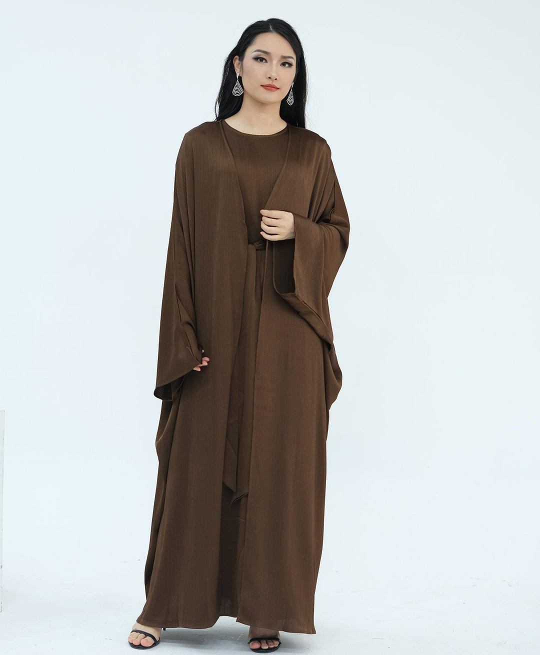 Get trendy with Reina Textured Batwing Abaya Set - Coffee -  available at Voilee NY. Grab yours for $109.90 today!