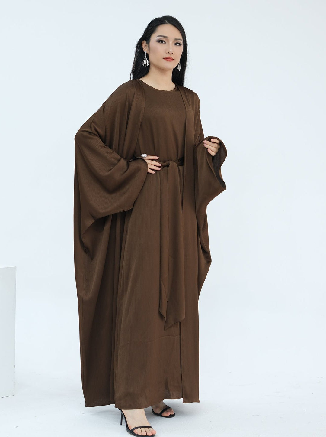 Get trendy with Reina Textured Batwing Abaya Set - Coffee -  available at Voilee NY. Grab yours for $109.90 today!