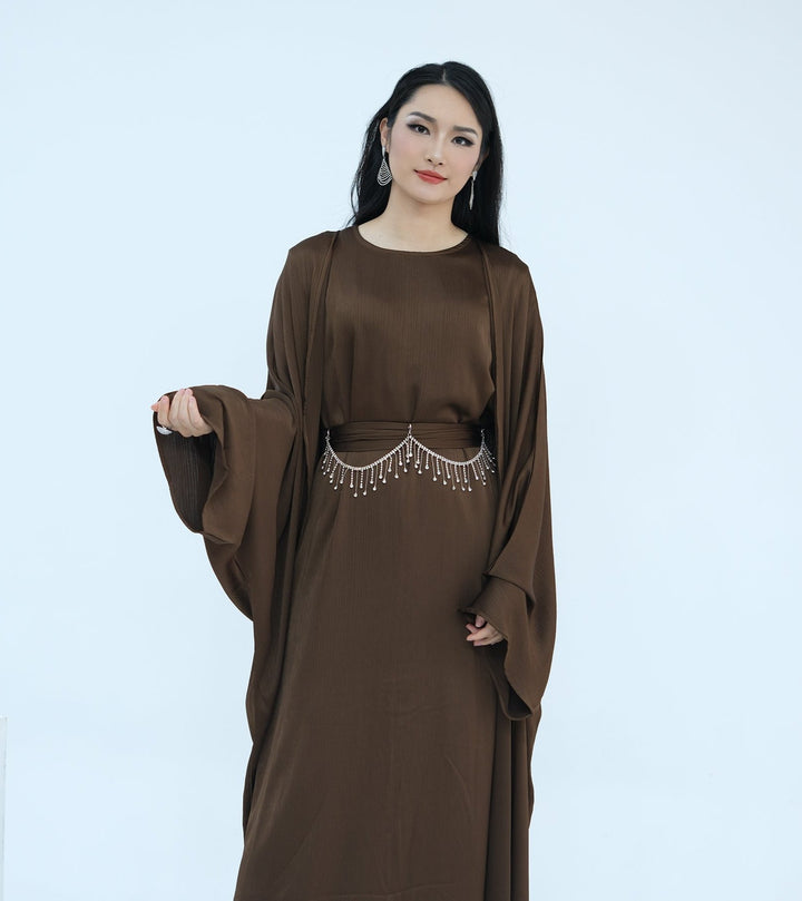 Get trendy with Reina Textured Batwing Abaya Set - Coffee -  available at Voilee NY. Grab yours for $109.90 today!