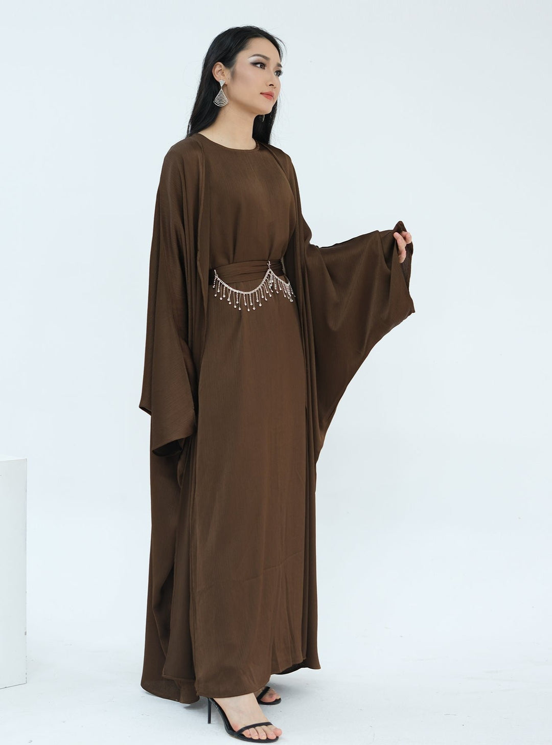 Get trendy with Reina Textured Batwing Abaya Set - Coffee -  available at Voilee NY. Grab yours for $109.90 today!