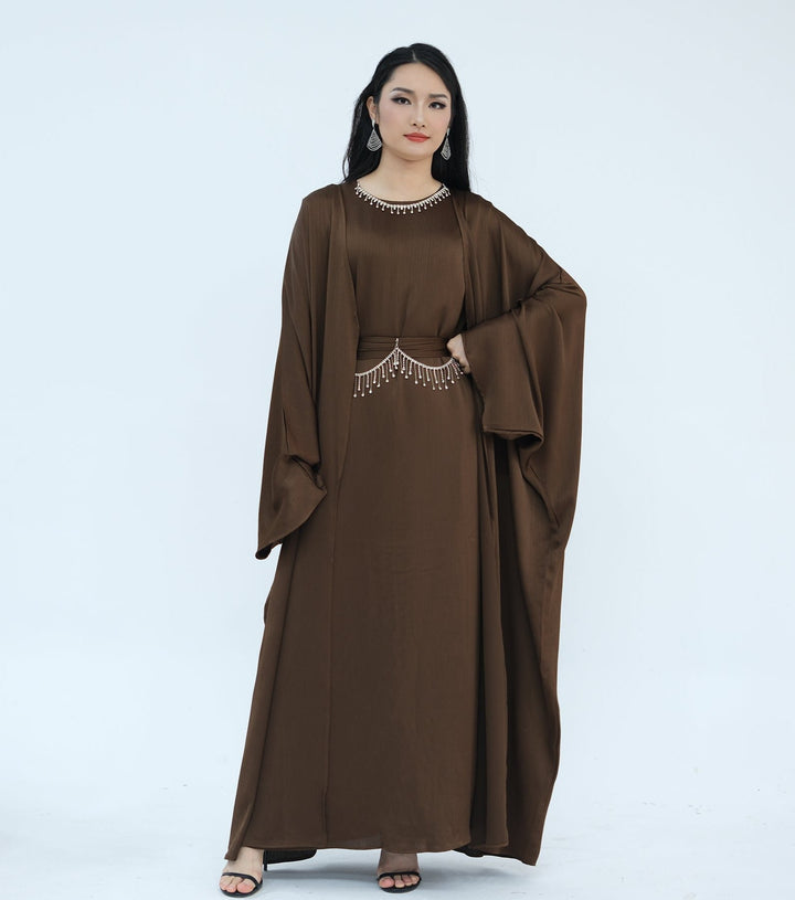 Get trendy with Reina Textured Batwing Abaya Set - Coffee -  available at Voilee NY. Grab yours for $109.90 today!