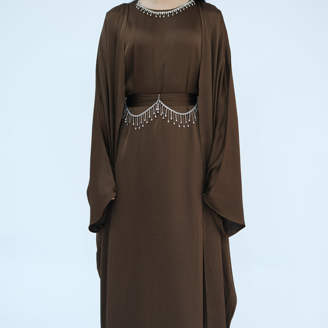 Get trendy with Reina Textured Batwing Abaya Set - Coffee -  available at Voilee NY. Grab yours for $109.90 today!