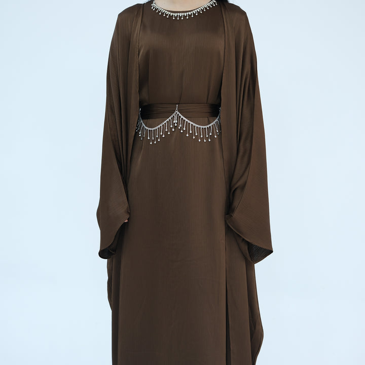 Get trendy with Reina Textured Batwing Abaya Set - Coffee -  available at Voilee NY. Grab yours for $109.90 today!