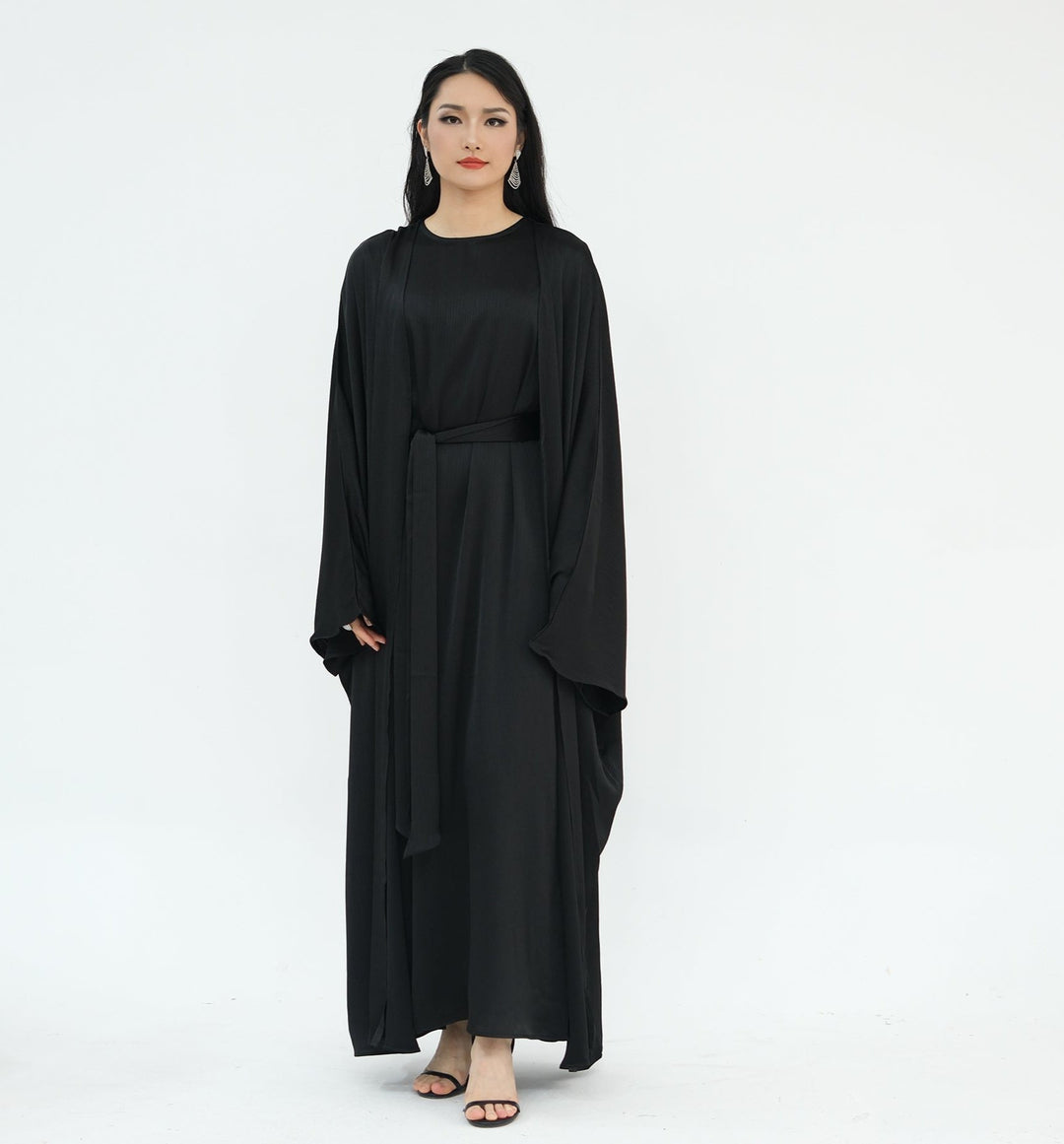 Get trendy with Reina Textured Batwing Abaya Set - Black -  available at Voilee NY. Grab yours for $109.90 today!