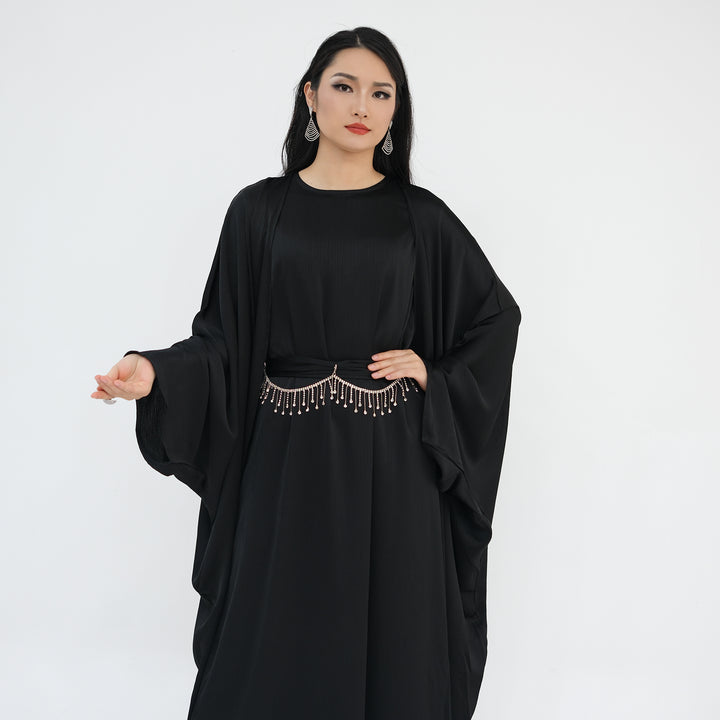 Get trendy with Reina Textured Batwing Abaya Set - Black -  available at Voilee NY. Grab yours for $109.90 today!