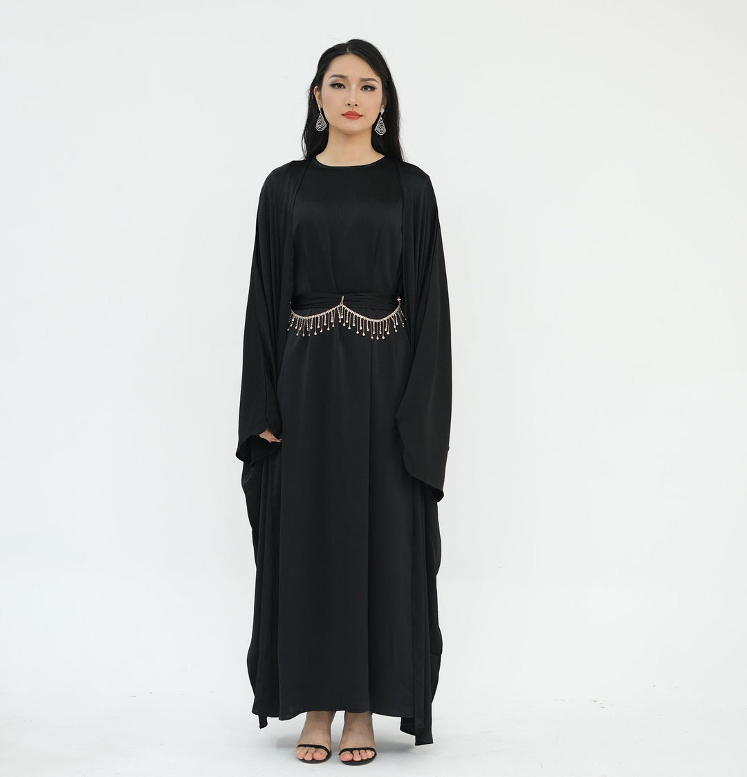 Get trendy with Reina Textured Batwing Abaya Set - Black -  available at Voilee NY. Grab yours for $109.90 today!