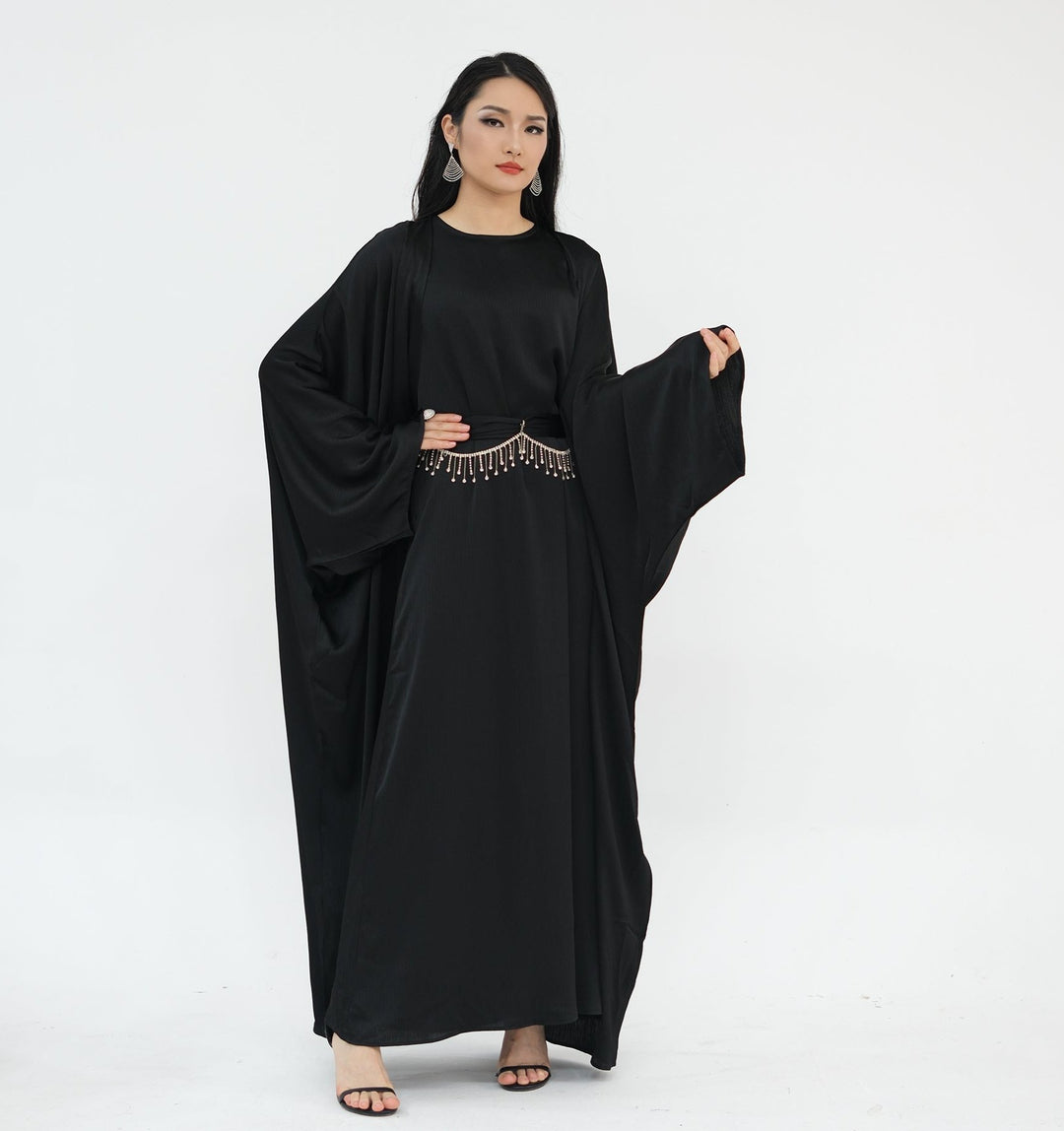 Get trendy with Reina Textured Batwing Abaya Set - Black -  available at Voilee NY. Grab yours for $109.90 today!