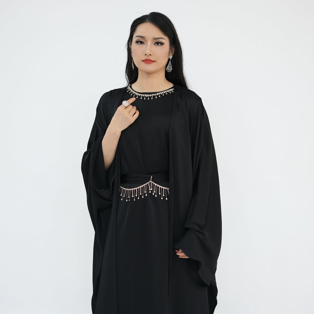 Get trendy with Reina Textured Batwing Abaya Set - Black -  available at Voilee NY. Grab yours for $109.90 today!