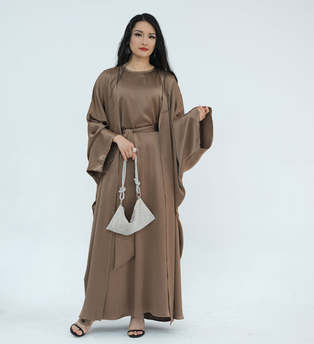 Get trendy with Reina Textured Batwing Abaya Set - Taupe -  available at Voilee NY. Grab yours for $109.90 today!