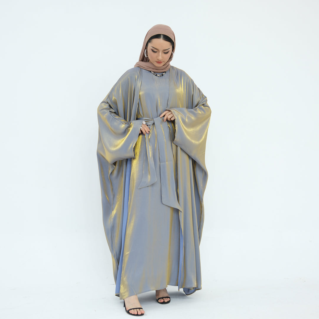 Get trendy with Tasnim Batwing Shimmer Abaya Set - Pewter -  available at Voilee NY. Grab yours for $89.90 today!