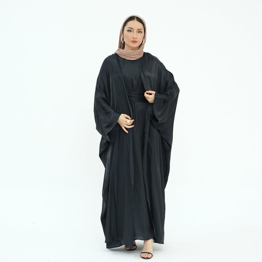 Get trendy with Tasnim Batwing Shimmer Abaya Set - Black -  available at Voilee NY. Grab yours for $89.90 today!