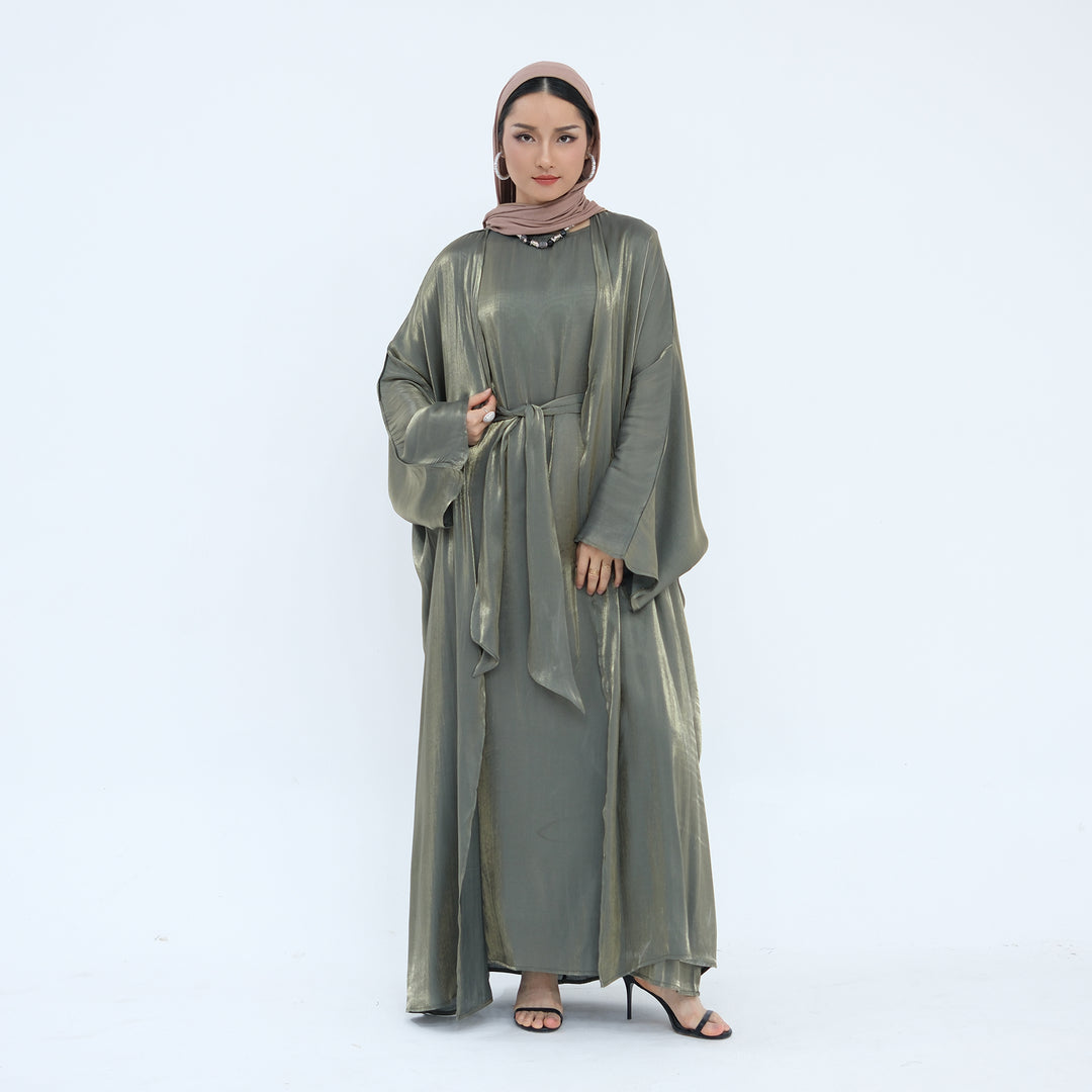 Get trendy with Tasnim Batwing Shimmer Abaya Set - Olive -  available at Voilee NY. Grab yours for $89.90 today!