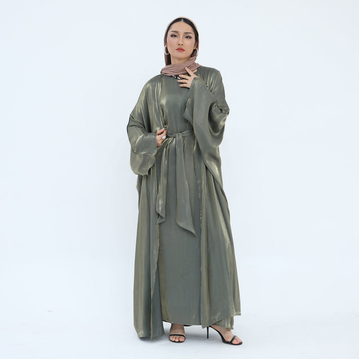 Get trendy with Tasnim Batwing Shimmer Abaya Set - Olive -  available at Voilee NY. Grab yours for $89.90 today!