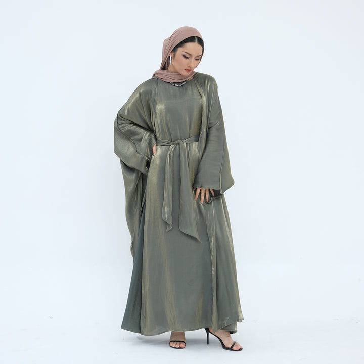 Get trendy with Tasnim Batwing Shimmer Abaya Set - Olive -  available at Voilee NY. Grab yours for $89.90 today!