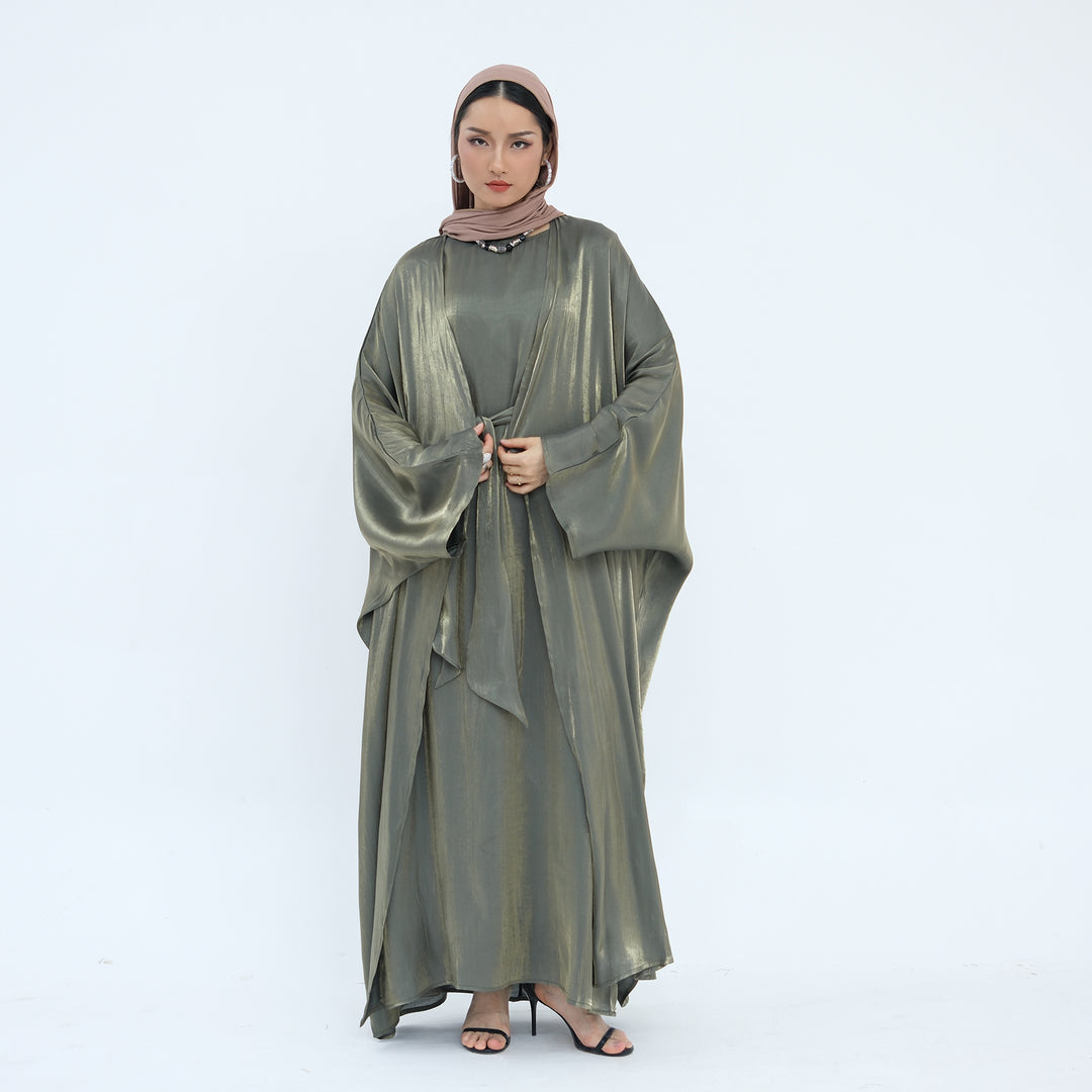 Get trendy with Tasnim Batwing Shimmer Abaya Set - Olive -  available at Voilee NY. Grab yours for $89.90 today!