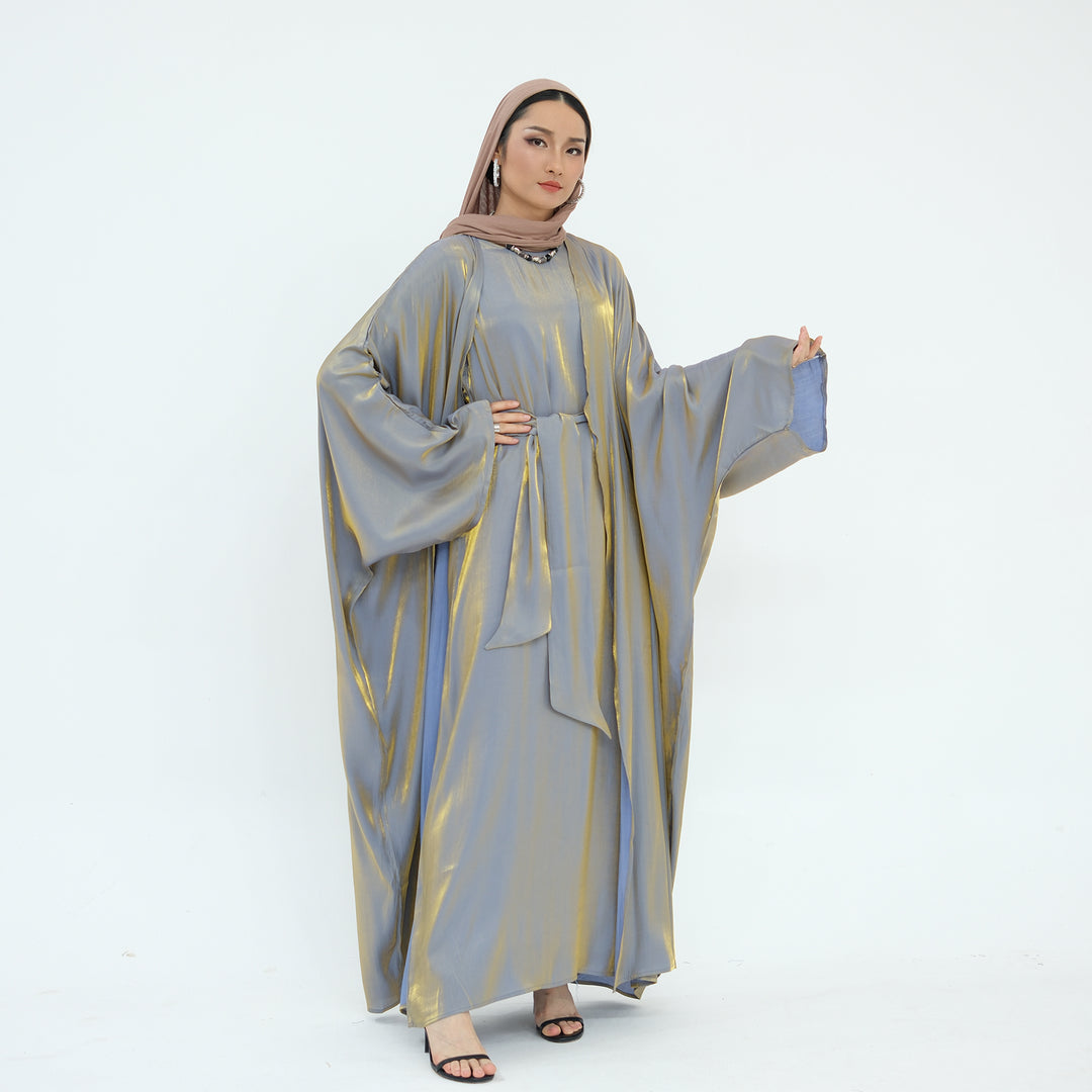 Get trendy with Tasnim Batwing Shimmer Abaya Set - Pewter -  available at Voilee NY. Grab yours for $89.90 today!