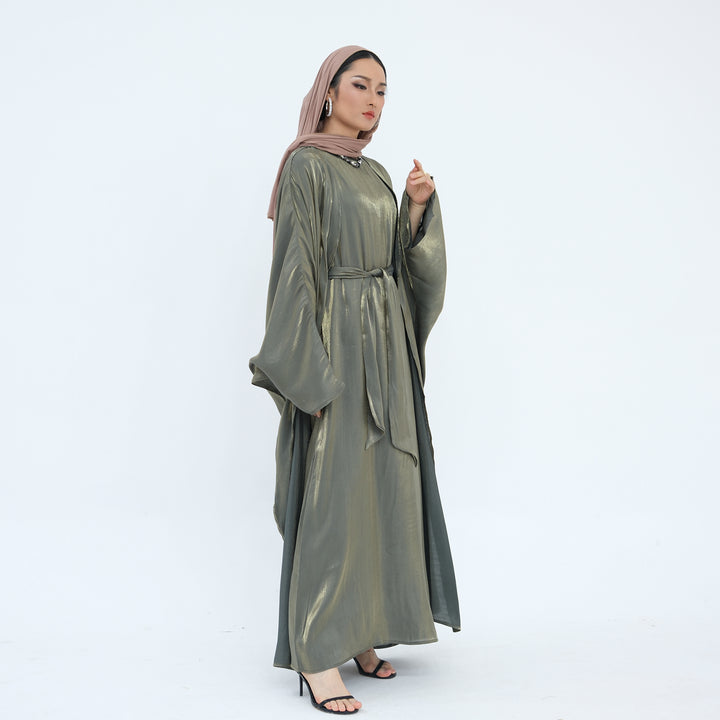 Get trendy with Tasnim Batwing Shimmer Abaya Set - Olive -  available at Voilee NY. Grab yours for $89.90 today!