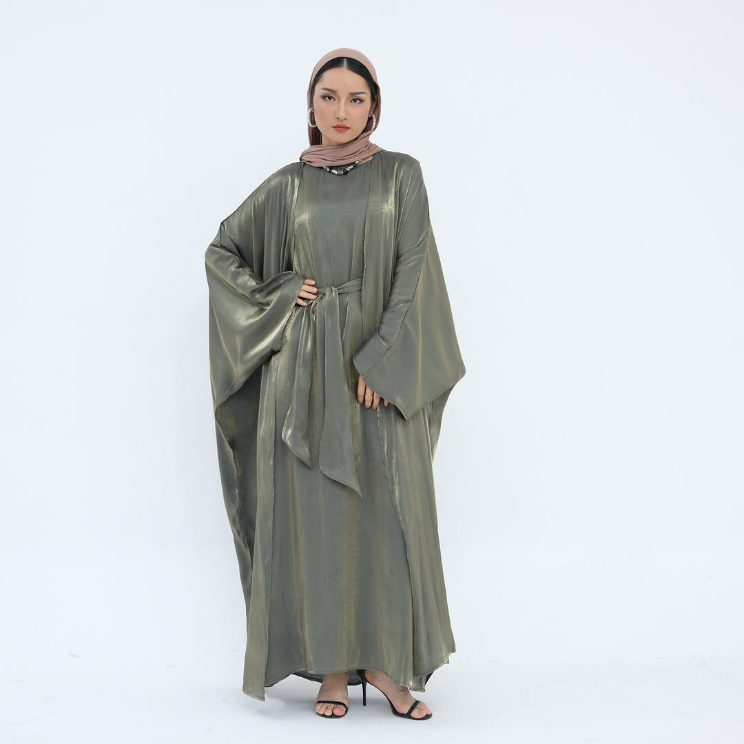 Get trendy with Tasnim Batwing Shimmer Abaya Set - Olive -  available at Voilee NY. Grab yours for $89.90 today!