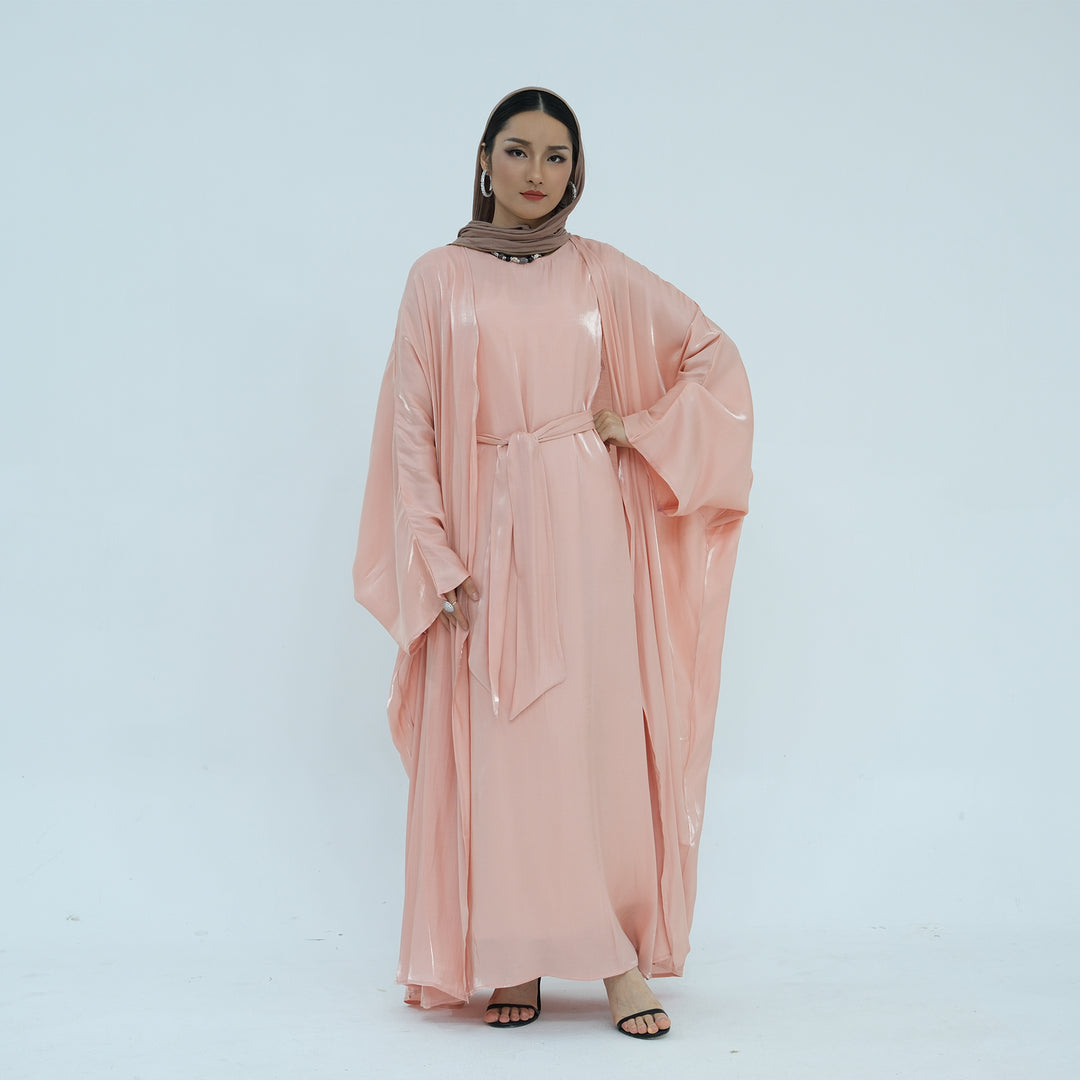 Get trendy with Tasnim Batwing Shimmer Abaya Set - Coral -  available at Voilee NY. Grab yours for $89.90 today!